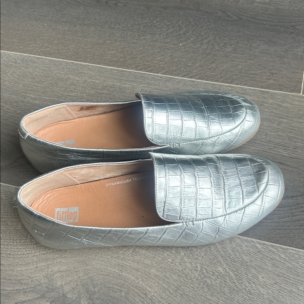 Fitflop Lena Croc-Embossed Silver Metallic Leather Loafer Flat Size 8 Comfort - Picture 14 of 16